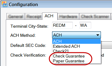 The ACH Method dropdown list expanded and showing Check and Paper Guarantee.